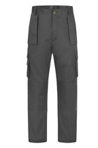 Charcoal grey work trousers with a regular fit, button closure, belt loops, holster pockets, and knee reinforcements.