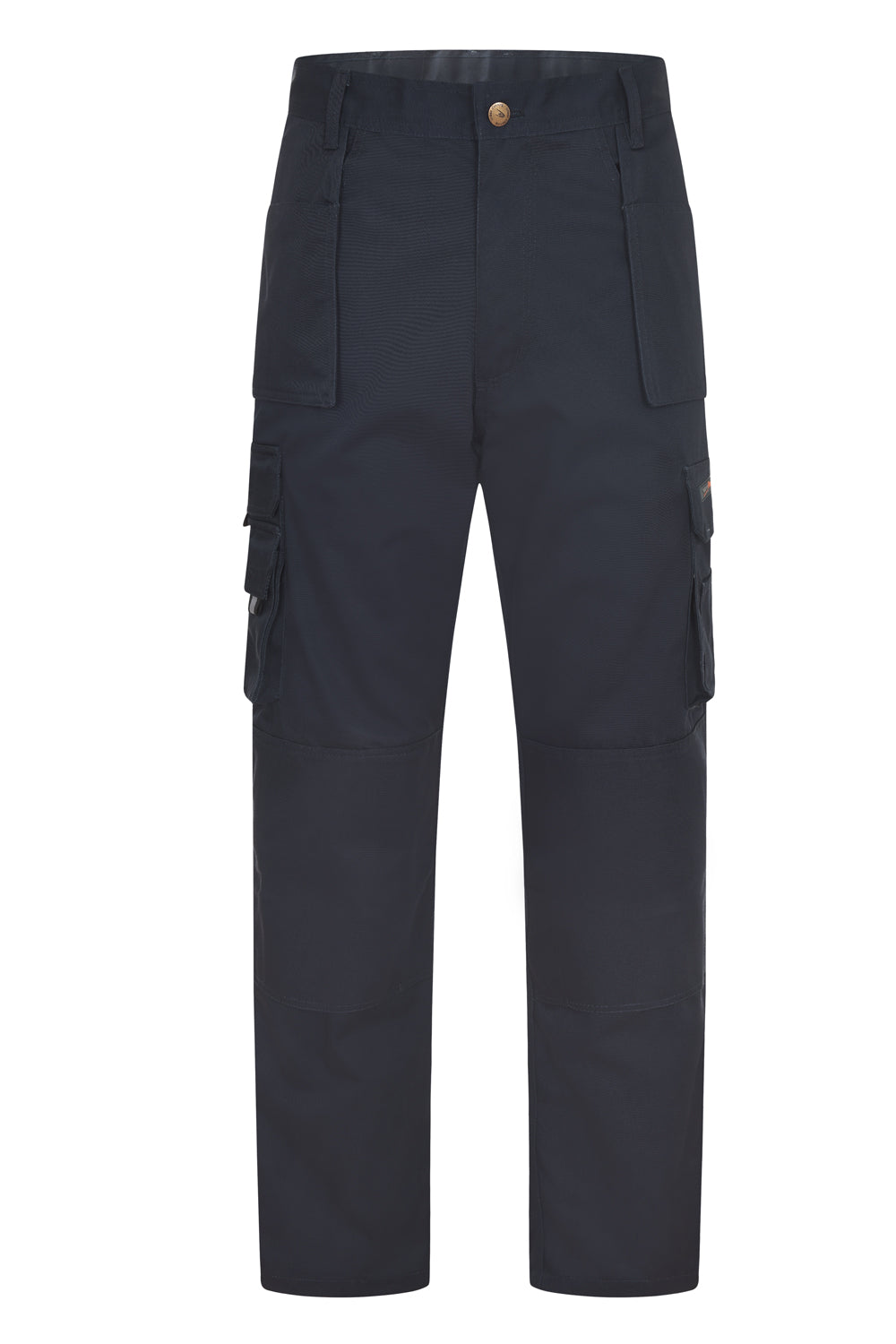 Navy blue work cargo pants with deep front pockets, side cargo pockets, reinforced knees, and a straight-leg fit.
