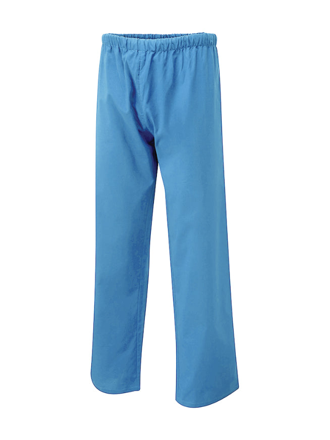 Bright blue elastic-waist scrub pants with a relaxed, straight-leg fit.