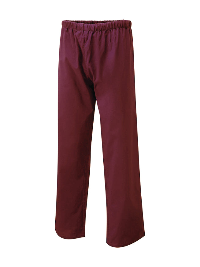 Burgundy elastic-waist scrub pants with a relaxed, straight-leg fit.