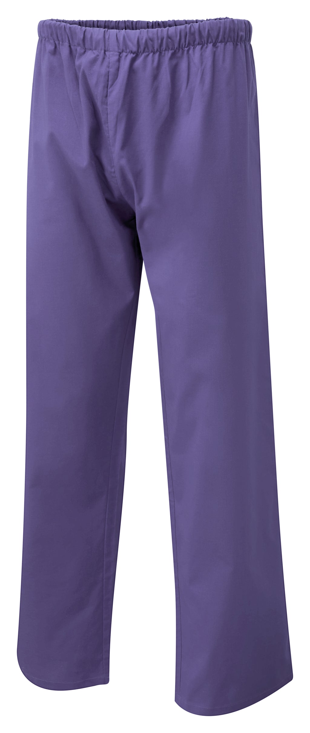 Purple pull-on scrub pants with a loose, straight-leg fit and an elastic waistband.