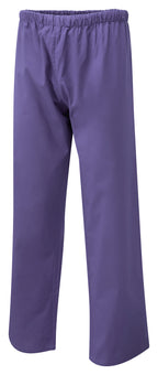 Purple pull-on scrub pants with a loose, straight-leg fit and an elastic waistband.