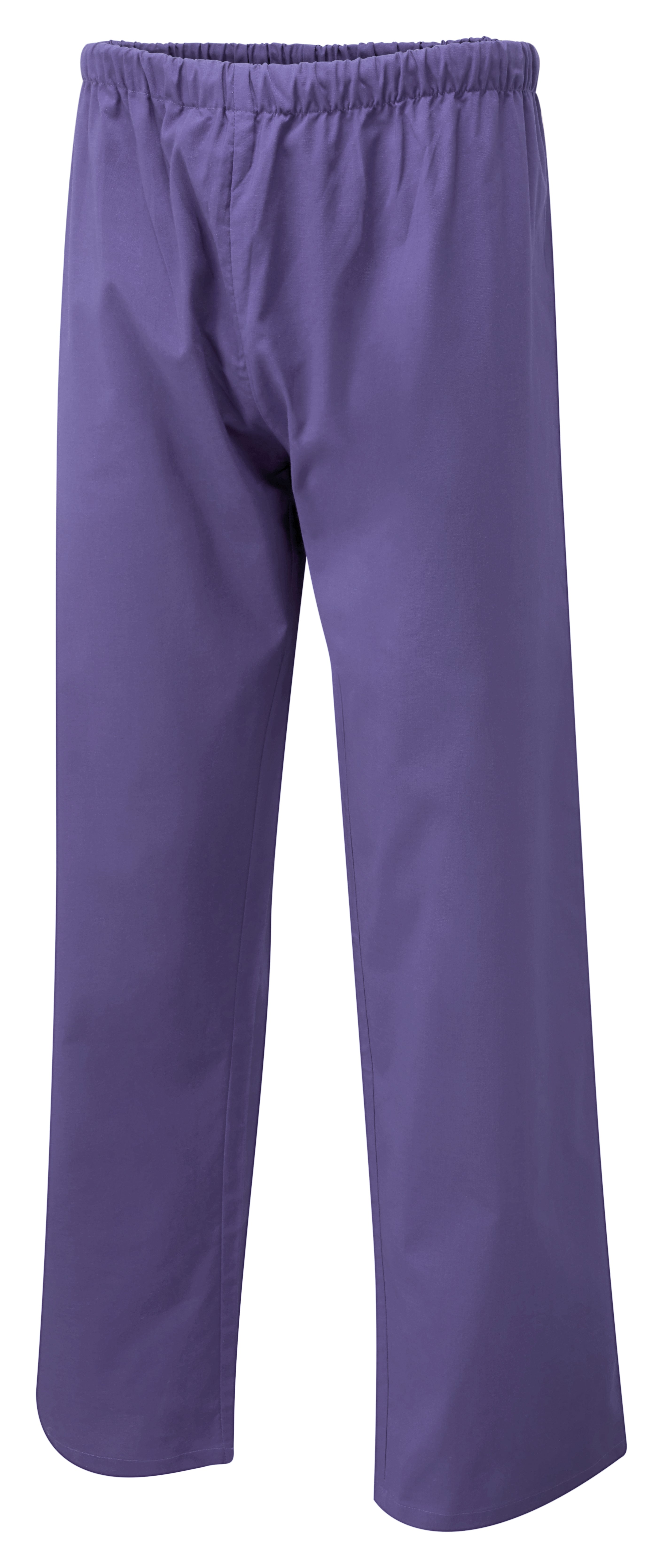 Purple pull-on scrub pants with a loose, straight-leg fit and an elastic waistband.