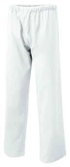 White elastic-waist scrub pants with a relaxed, straight-leg fit, shown on a white background.