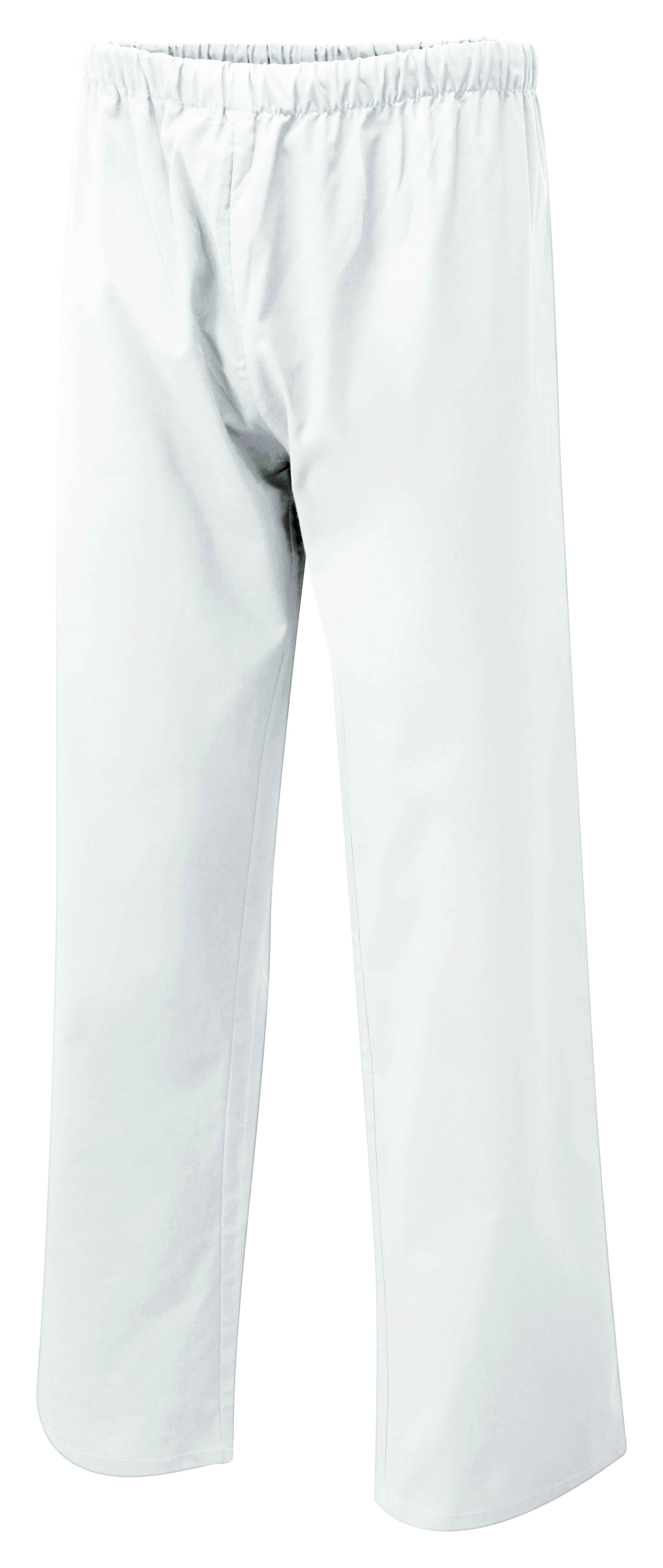 White elastic-waist scrub pants with a relaxed, straight-leg fit, shown on a white background.