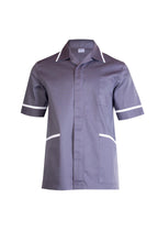 Grey short-sleeve tunic with white collar and sleeve trim, open collar, and two front pockets. Straight, relaxed fit.