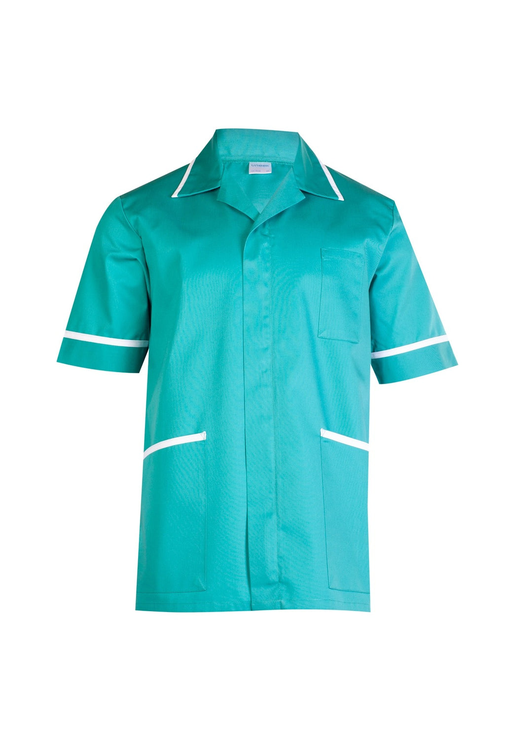 Teal short-sleeve medical tunic with white piping on collar, cuffs, and pockets. Relaxed, straight-fit button-down.