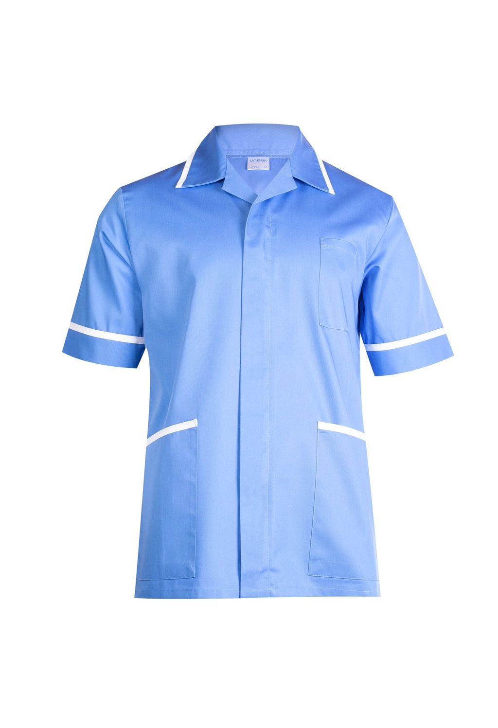 Light blue nurse’s tunic with a collar, short sleeves, white trim, one chest pocket, and two lower pockets.