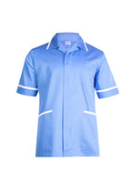 Light blue nurse’s tunic with a collar, short sleeves, white trim, one chest pocket, and two lower pockets.