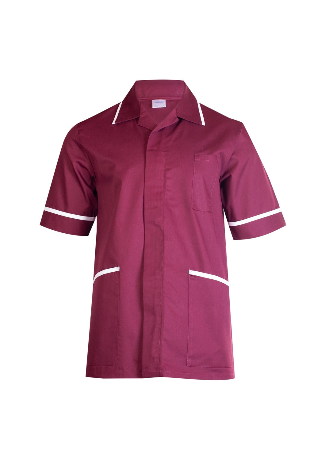 Burgundy unisex tunic with short sleeves, collar, white trim, one chest pocket, and two lower pockets. Relaxed fit.