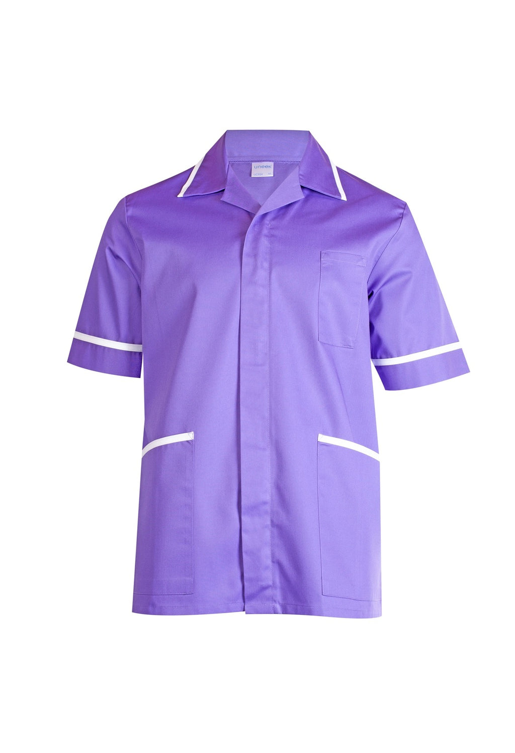 Purple short-sleeve healthcare tunic with a collar, white trim, chest pocket, and two front pockets. Regular fit.