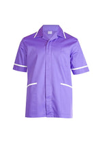 Purple short-sleeve healthcare tunic with a collar, white trim, chest pocket, and two front pockets. Regular fit.