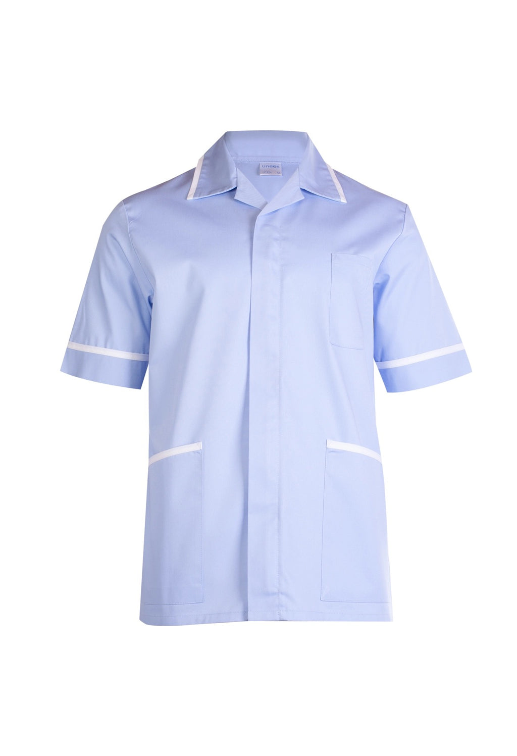 Light blue short-sleeve tunic with white contrast piping on collar, cuffs, and pockets. Relaxed, straight fit.