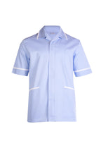 Light blue short-sleeve tunic with white contrast piping on collar, cuffs, and pockets. Relaxed, straight fit.