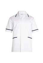 White medical tunic with short sleeves, lapel collar, and two pockets, featuring navy blue piping trim. Regular fit.