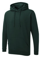 Dark green long-sleeve hooded sweatshirt with a front kangaroo pocket, drawstring hood, and a standard, relaxed fit.