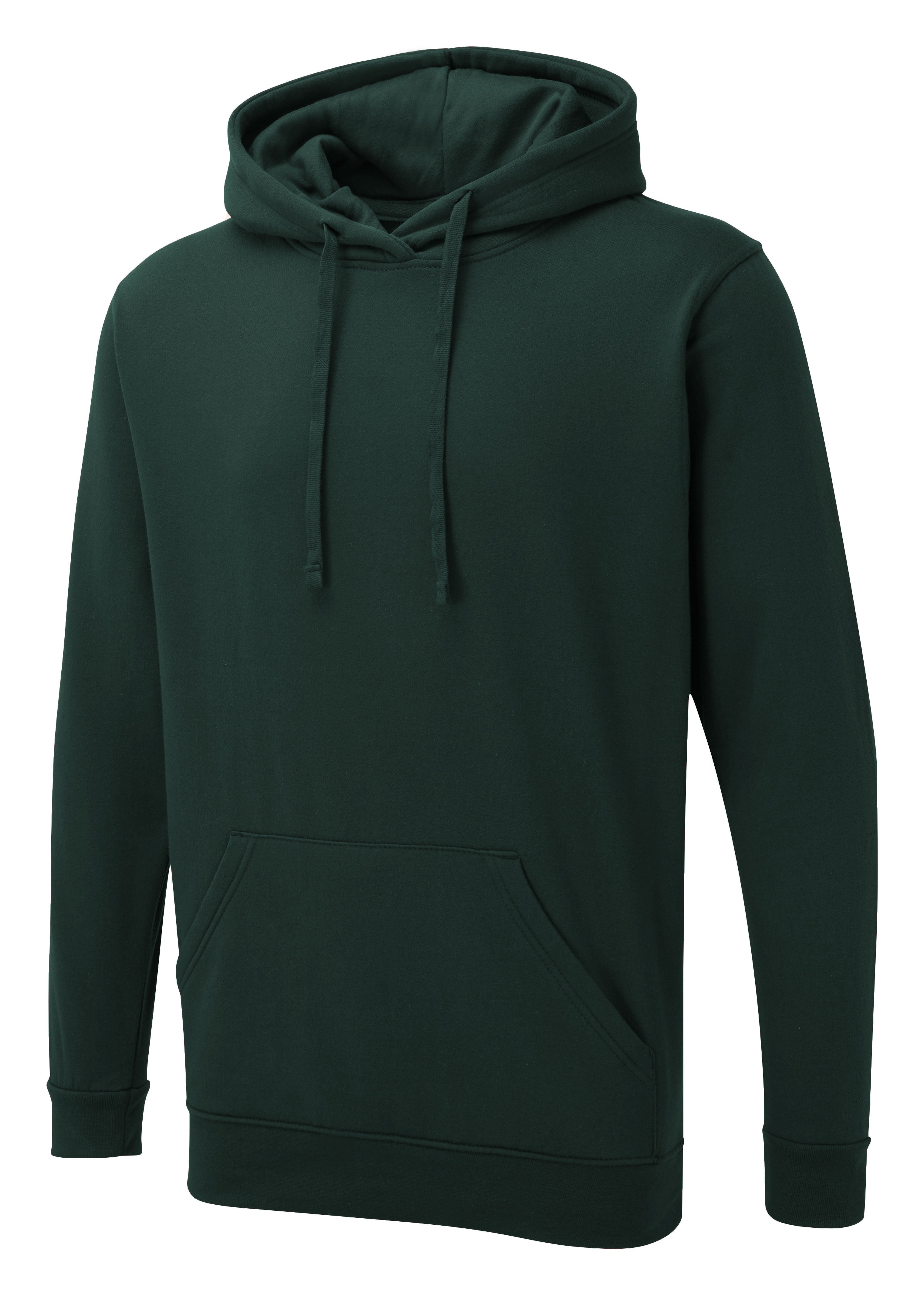 Dark green long-sleeve hooded sweatshirt with a front kangaroo pocket, drawstring hood, and a standard, relaxed fit.