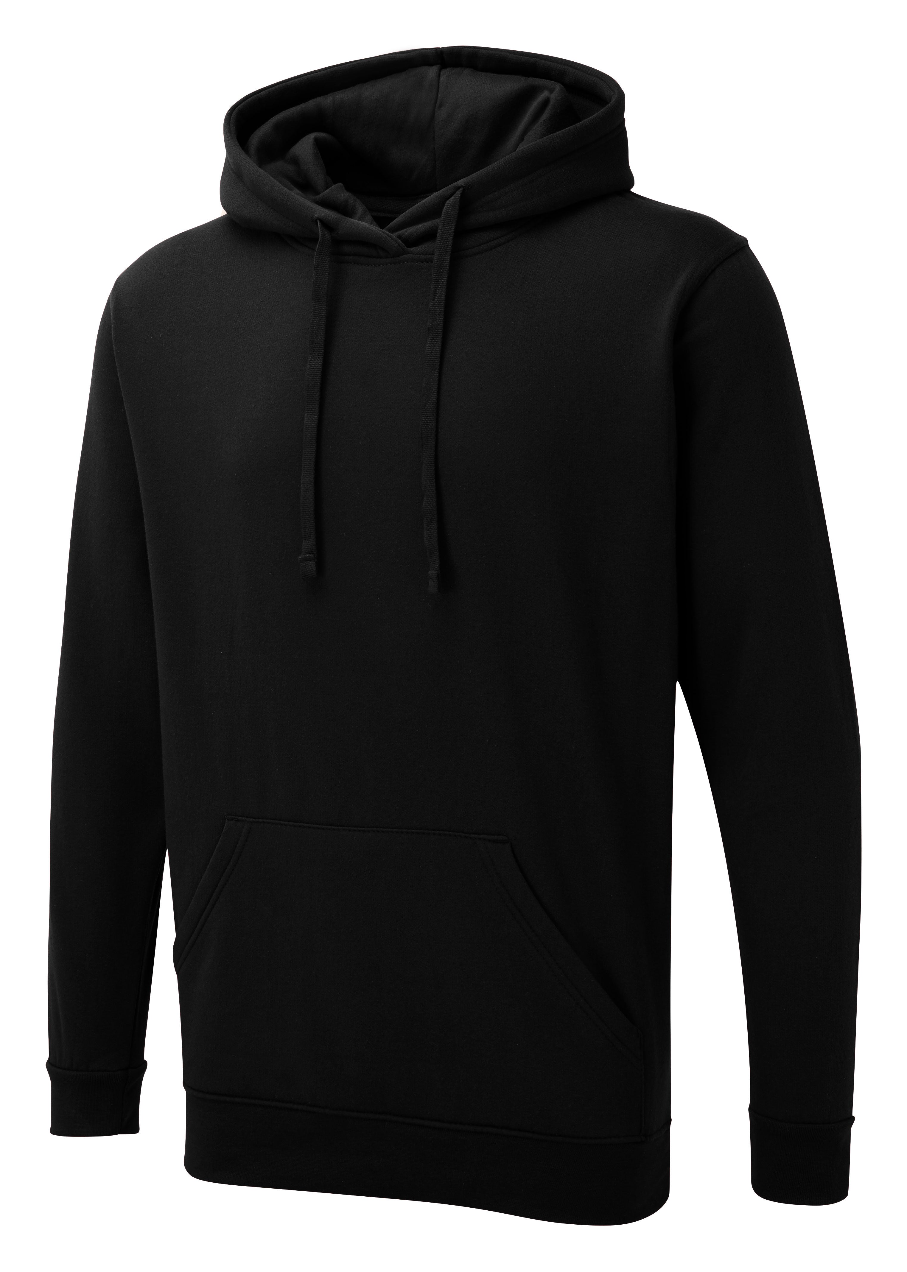 Black regular-fit pullover hoodie with a drawstring hood, long sleeves, and a front kangaroo pocket.