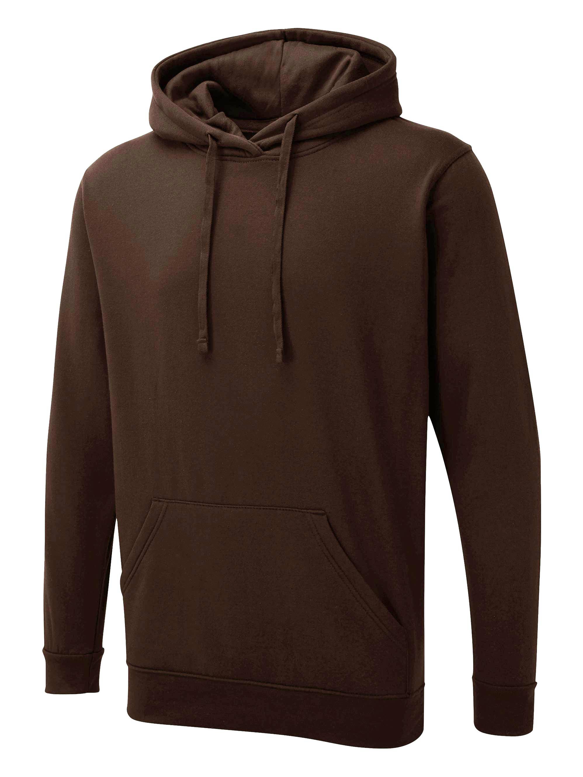 Dark brown, relaxed-fit pullover hoodie with long sleeves, matching drawstring hood, and front kangaroo pocket.