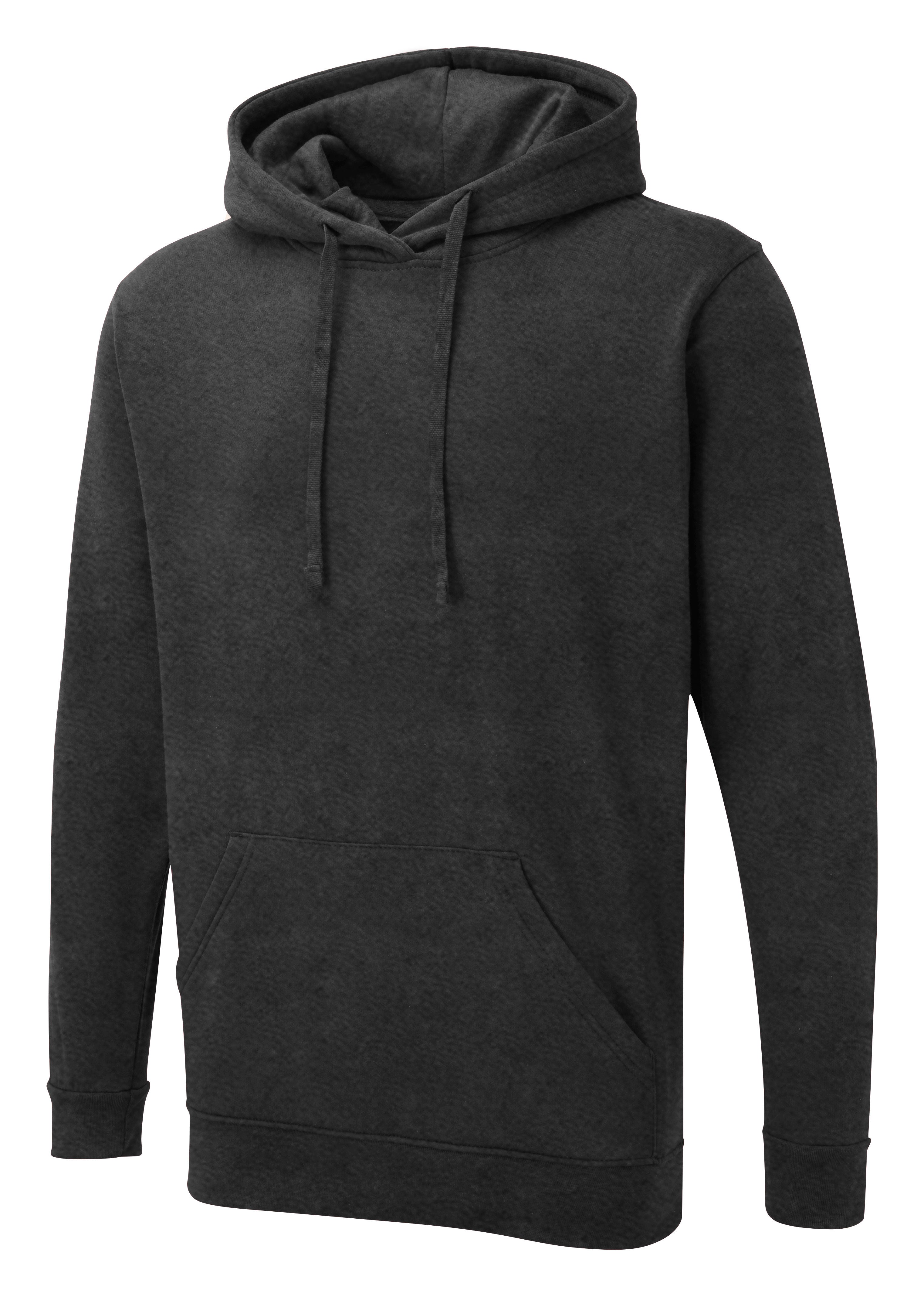 Charcoal grey relaxed-fit hoodie with long sleeves, a drawstring hood, and a front kangaroo pocket.