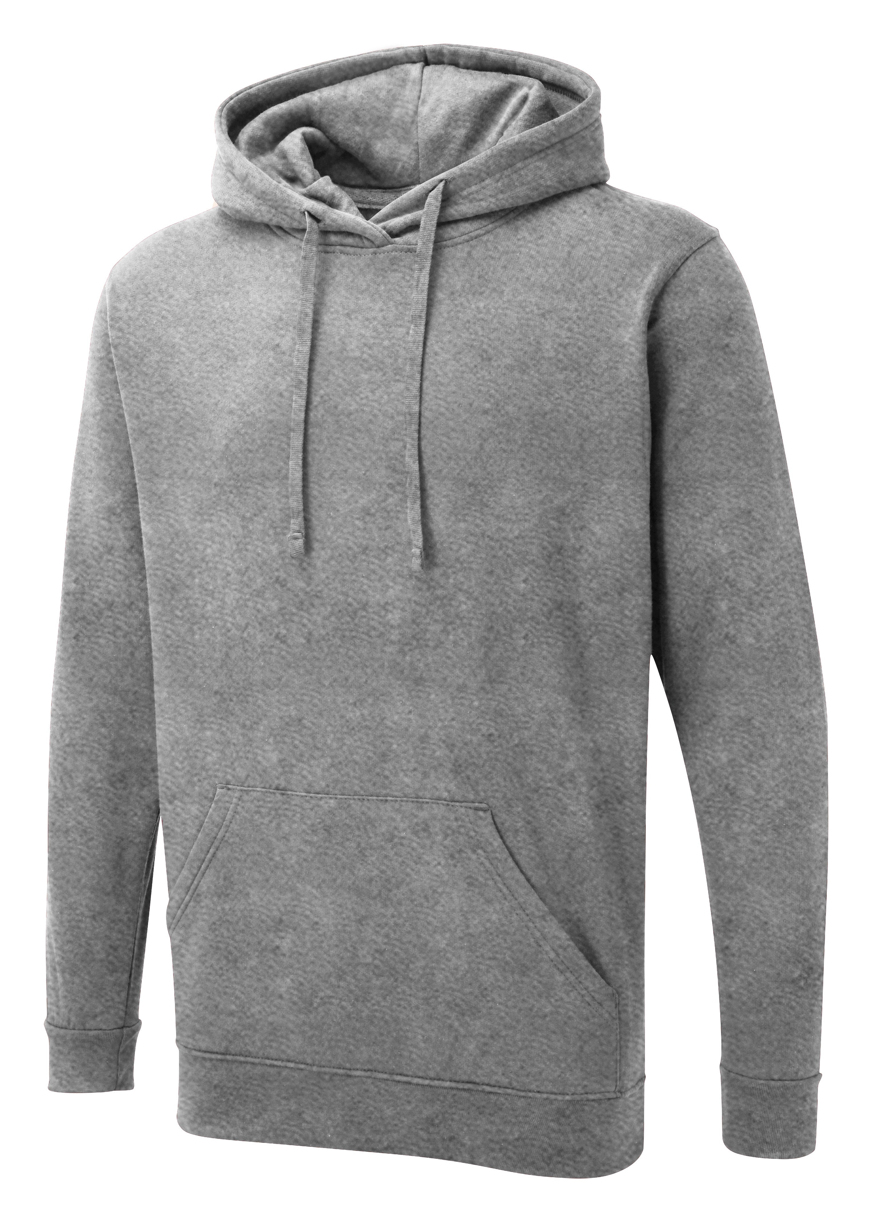 Heather gray pullover hoodie with a drawstring hood, long sleeves, ribbed cuffs, and a front kangaroo pocket.