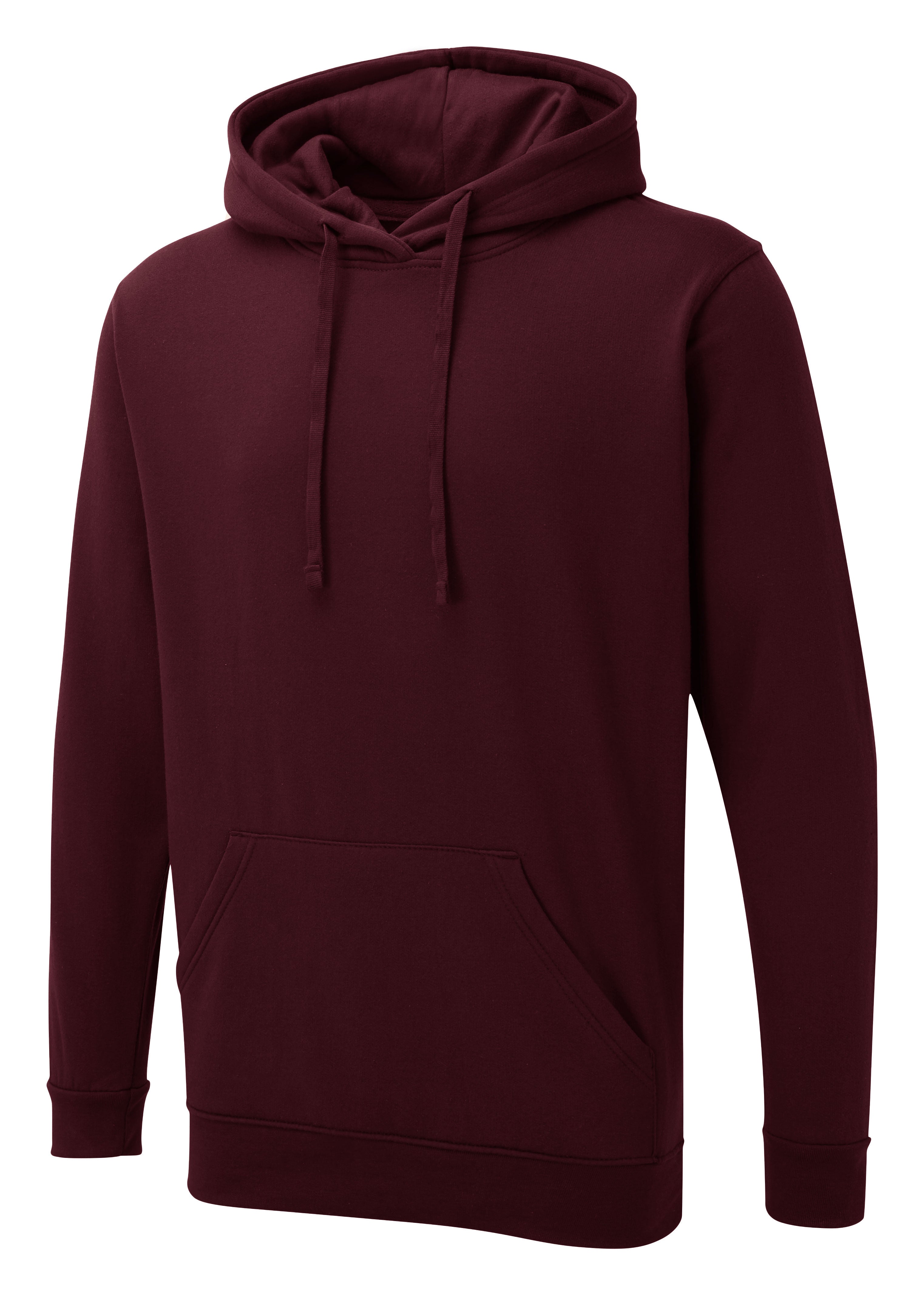 Maroon pullover hoodie with long sleeves, matching drawstring hood, kangaroo pocket, and ribbed cuffs and hem.