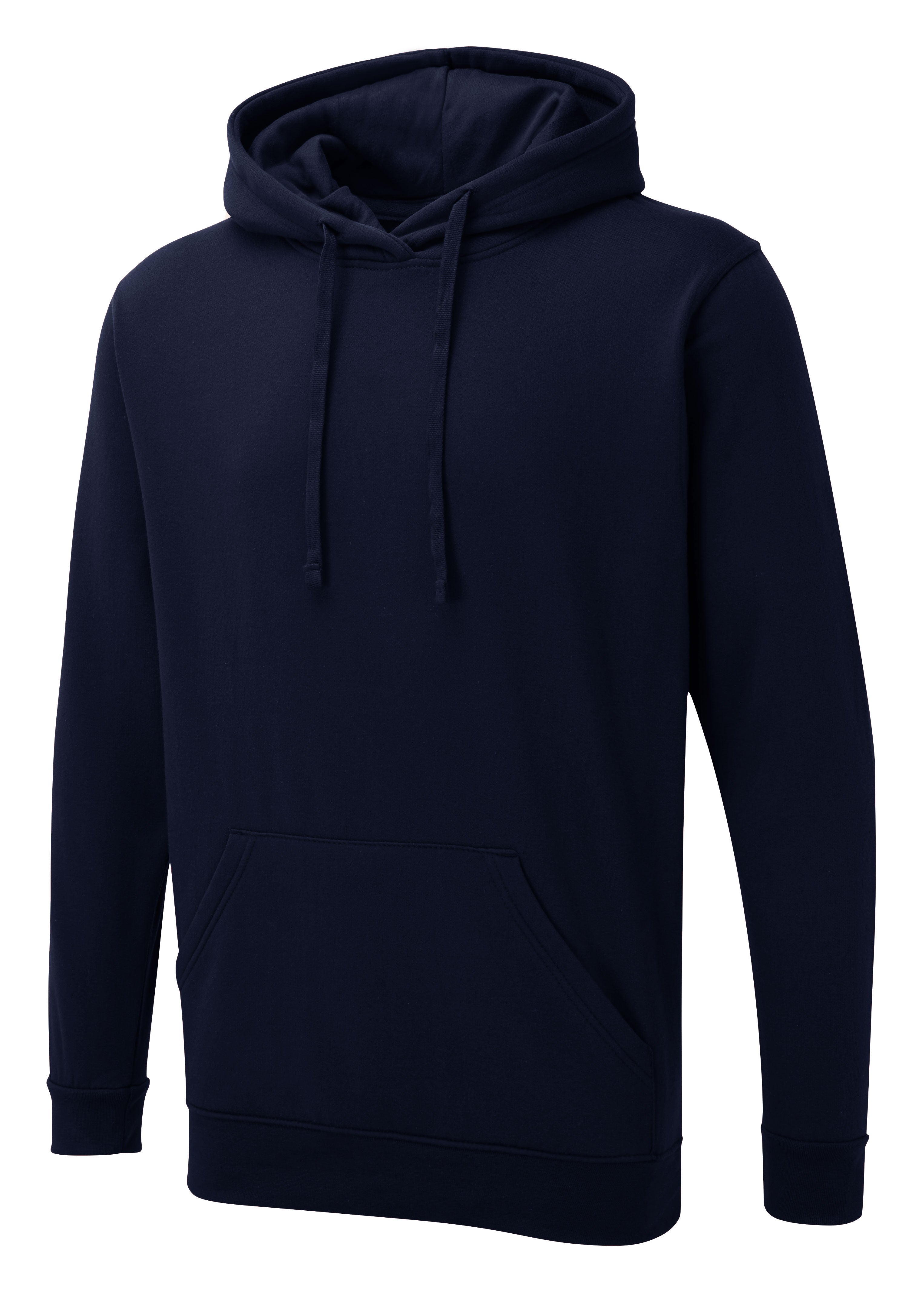 Navy blue long-sleeve pullover hoodie with a drawstring hood, ribbed cuffs, and a front kangaroo pocket. Regular fit.