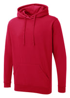 Red long-sleeve pullover hoodie with a drawstring hood, front kangaroo pocket, and rib-knit cuffs and hem. Relaxed fit.