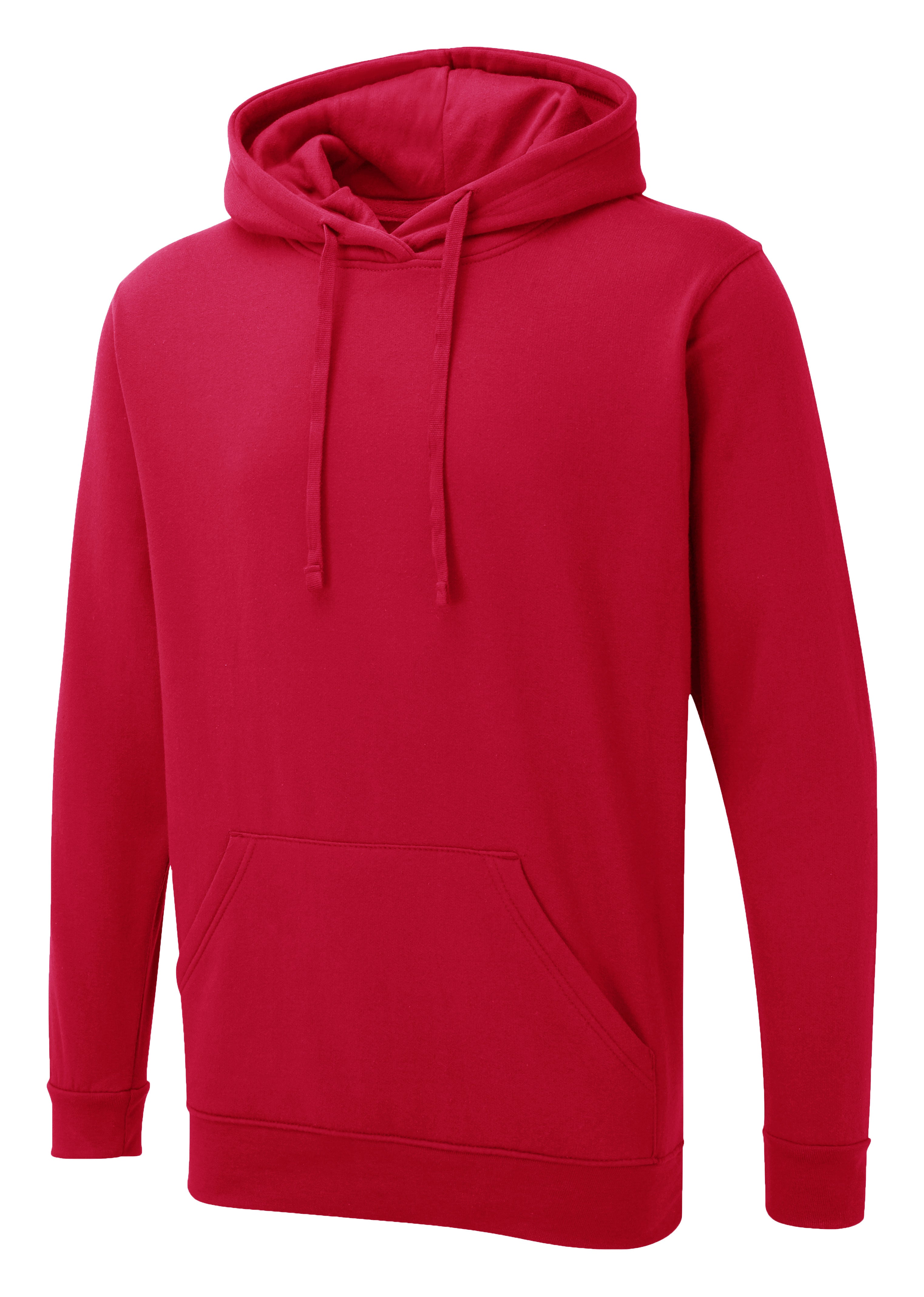 Red long-sleeve pullover hoodie with a drawstring hood, front kangaroo pocket, and rib-knit cuffs and hem. Relaxed fit.