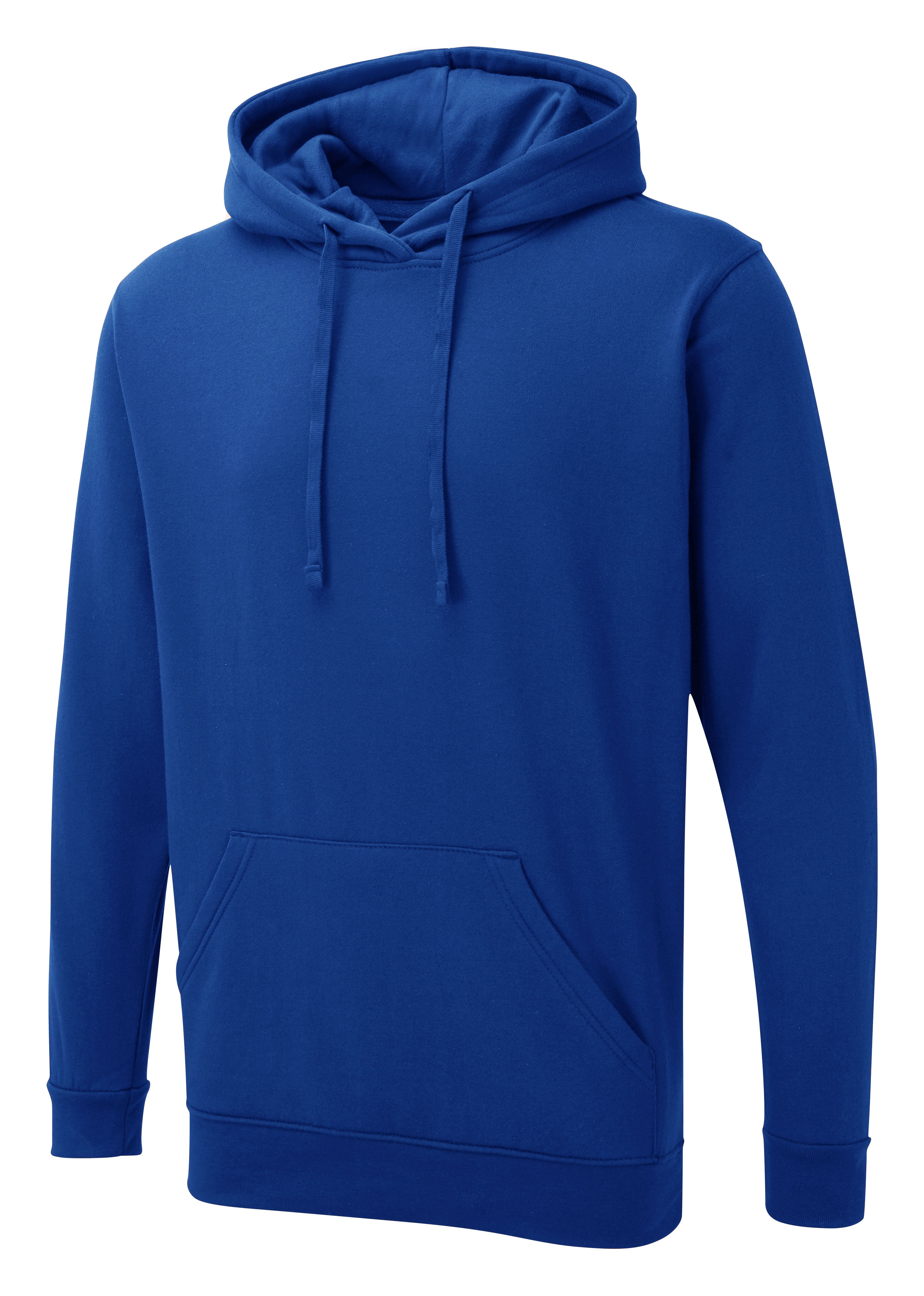 Royal blue pullover hoodie with a drawstring hood, long sleeves, and a front kangaroo pocket in a standard fit.