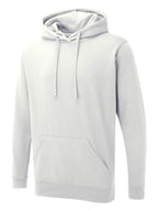White long-sleeve pullover hoodie with a hood, drawstring, and front kangaroo pocket. Regular fit.