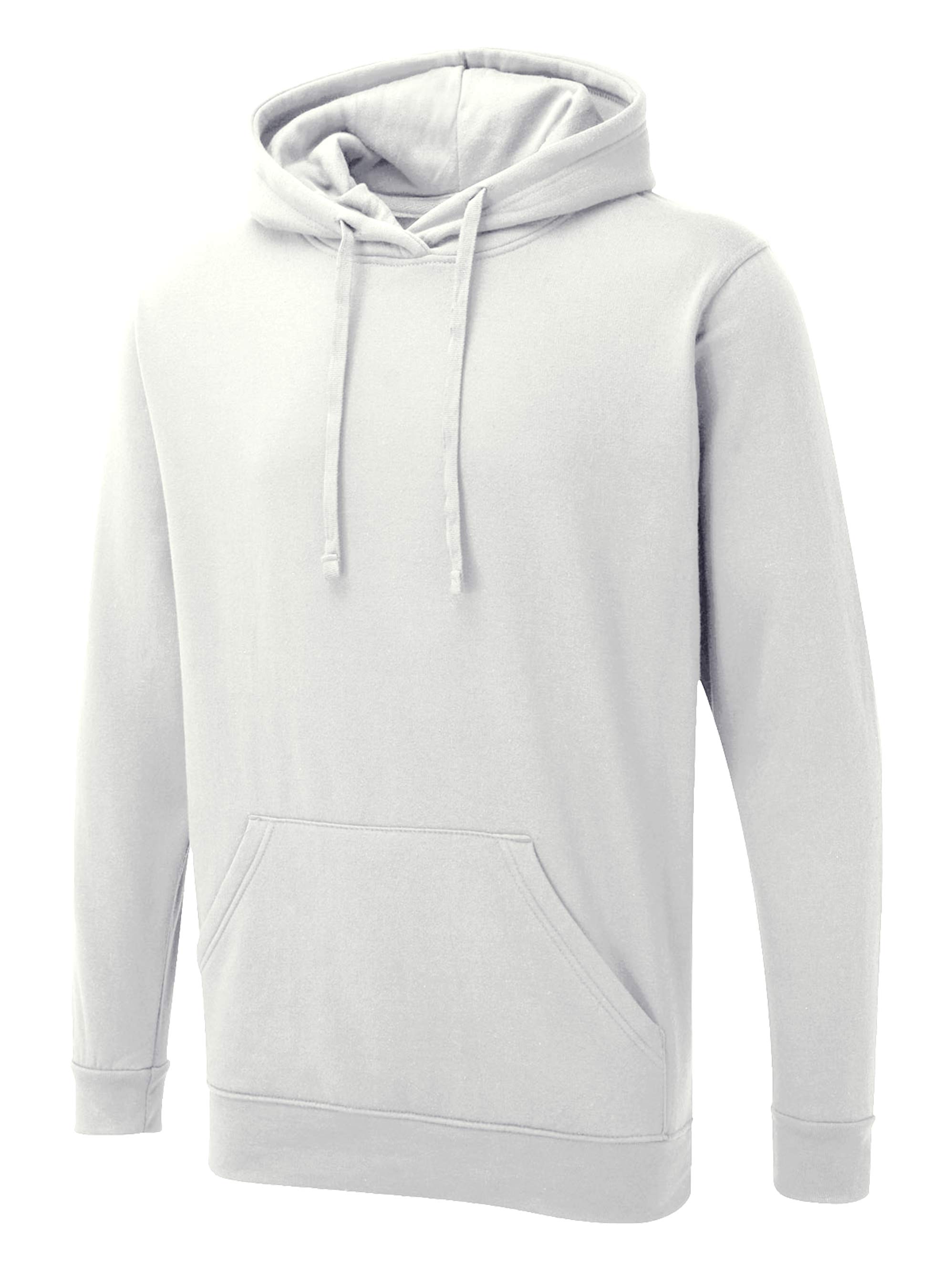 White long-sleeve pullover hoodie with a hood, drawstring, and front kangaroo pocket. Regular fit.