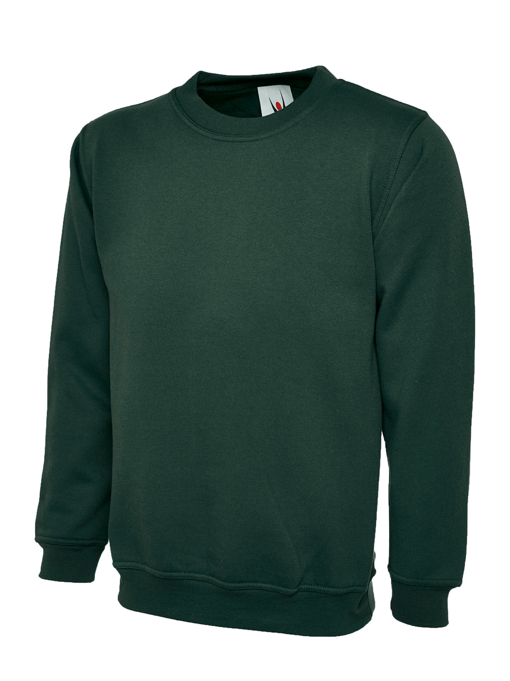 Dark green crew neck sweatshirt with long sleeves, ribbed cuffs and hem, and a regular fit.