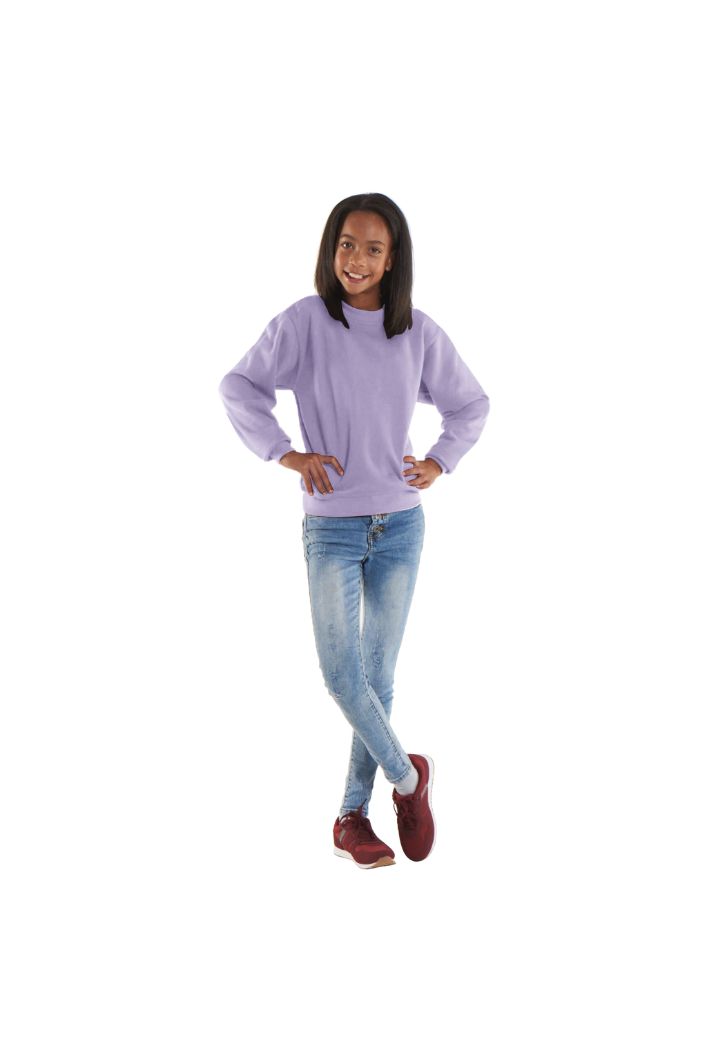 Girl wearing a light purple crewneck sweatshirt with long sleeves and a relaxed fit, paired with slim-fit blue jeans.
