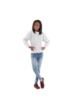 A girl wears a white, crew-neck, long-sleeve sweatshirt with a relaxed fit and ribbed cuffs and hem.