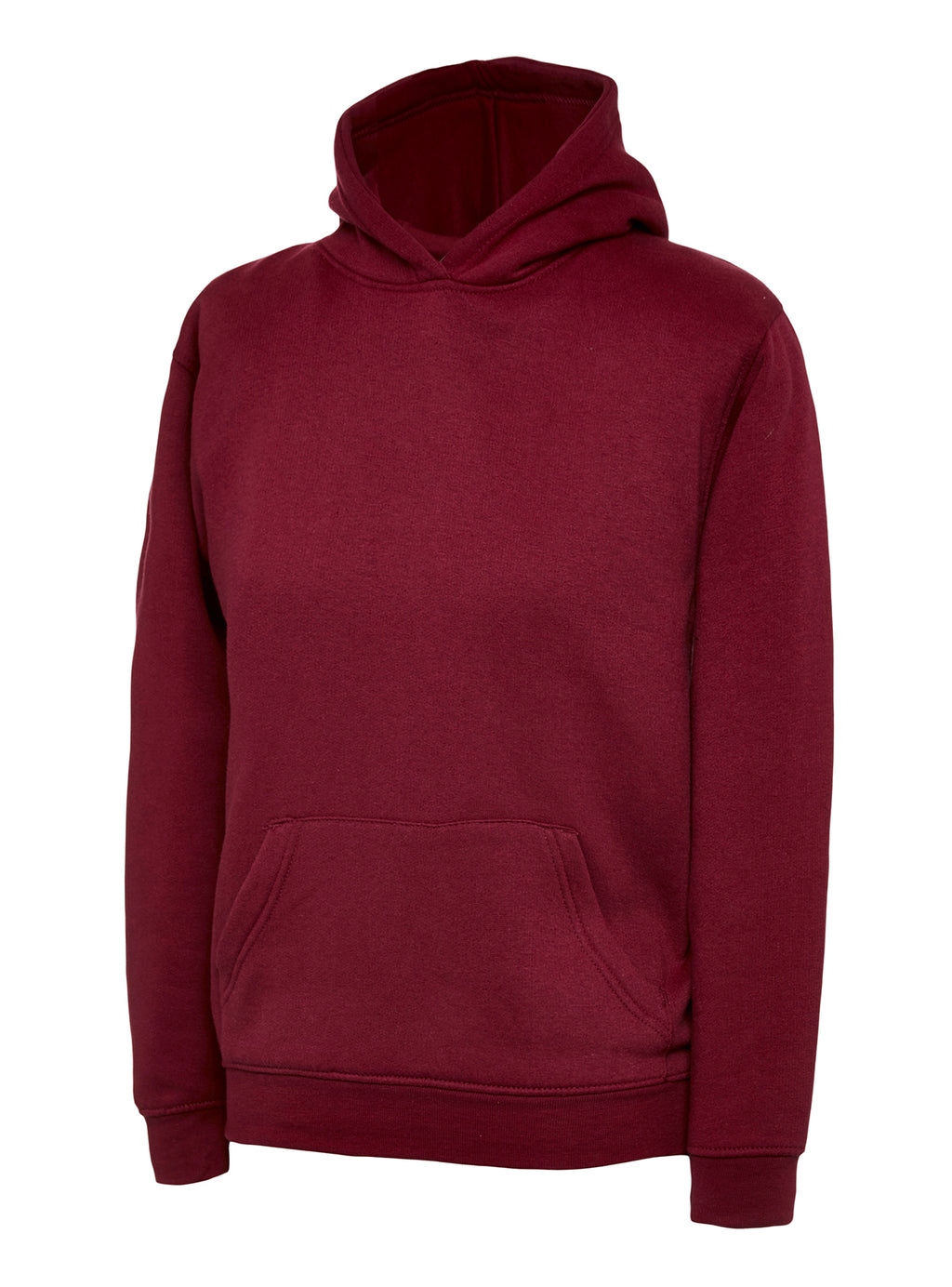 Burgundy pullover hoodie with a hood, front kangaroo pocket, and rib-knit cuffs in a classic relaxed fit.
