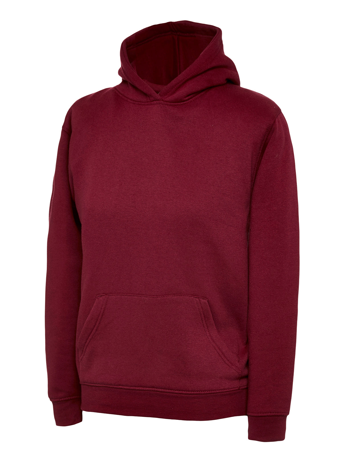 Burgundy pullover hoodie with a hood, front kangaroo pocket, and rib-knit cuffs in a classic relaxed fit.