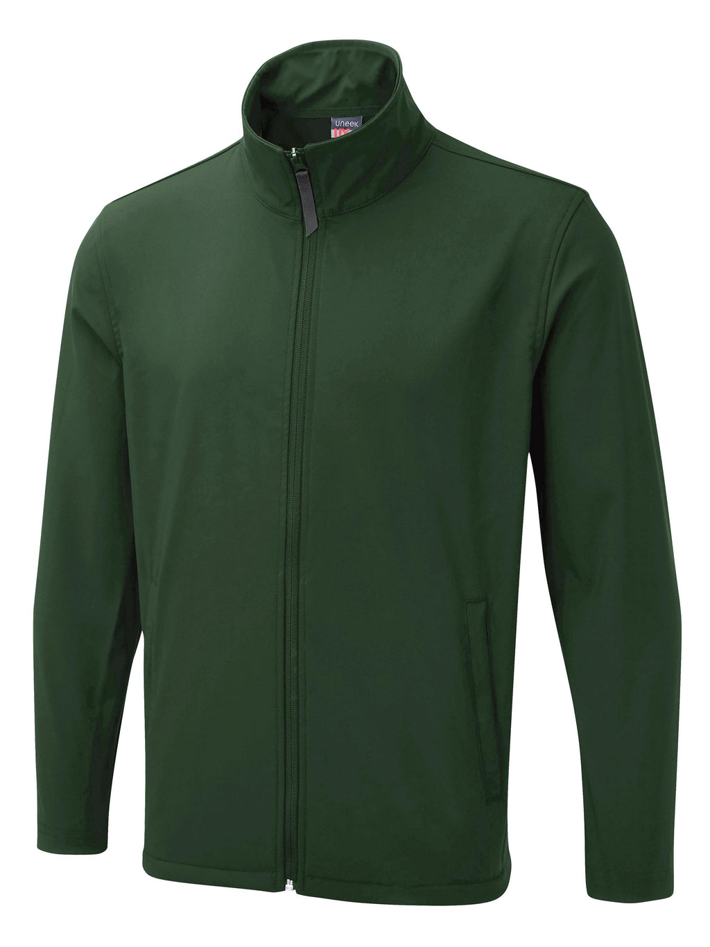 Dark green softshell jacket with high collar, full-length zip, and side pockets in a regular fit.