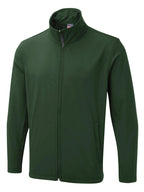 Dark green softshell jacket with high collar, full-length zip, and side pockets in a regular fit.