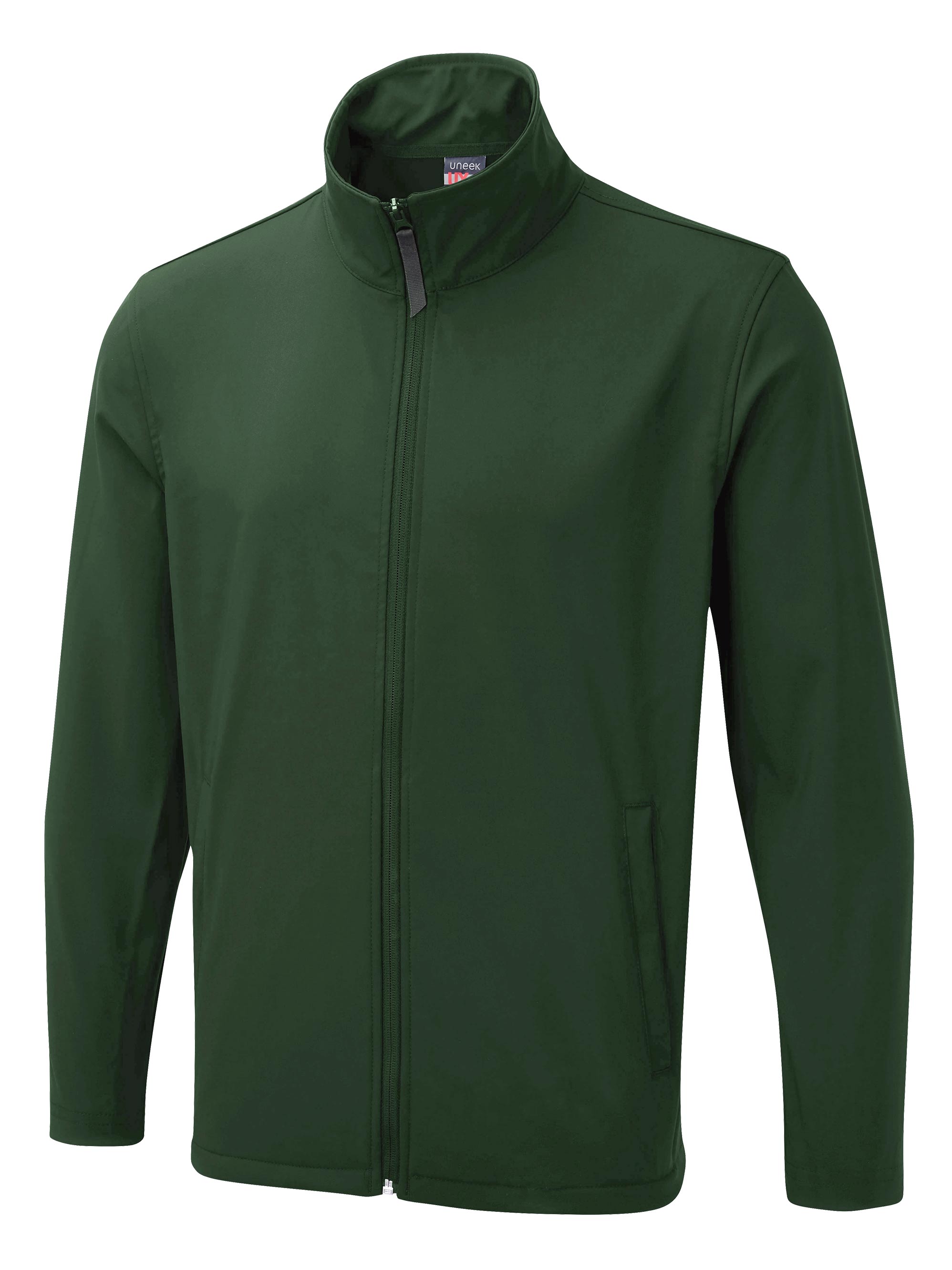 Dark green softshell jacket with high collar, full-length zip, and side pockets in a regular fit.