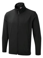 Black full-zip softshell jacket with mock neck collar, straight hem, and side slit pockets in a standard fit.