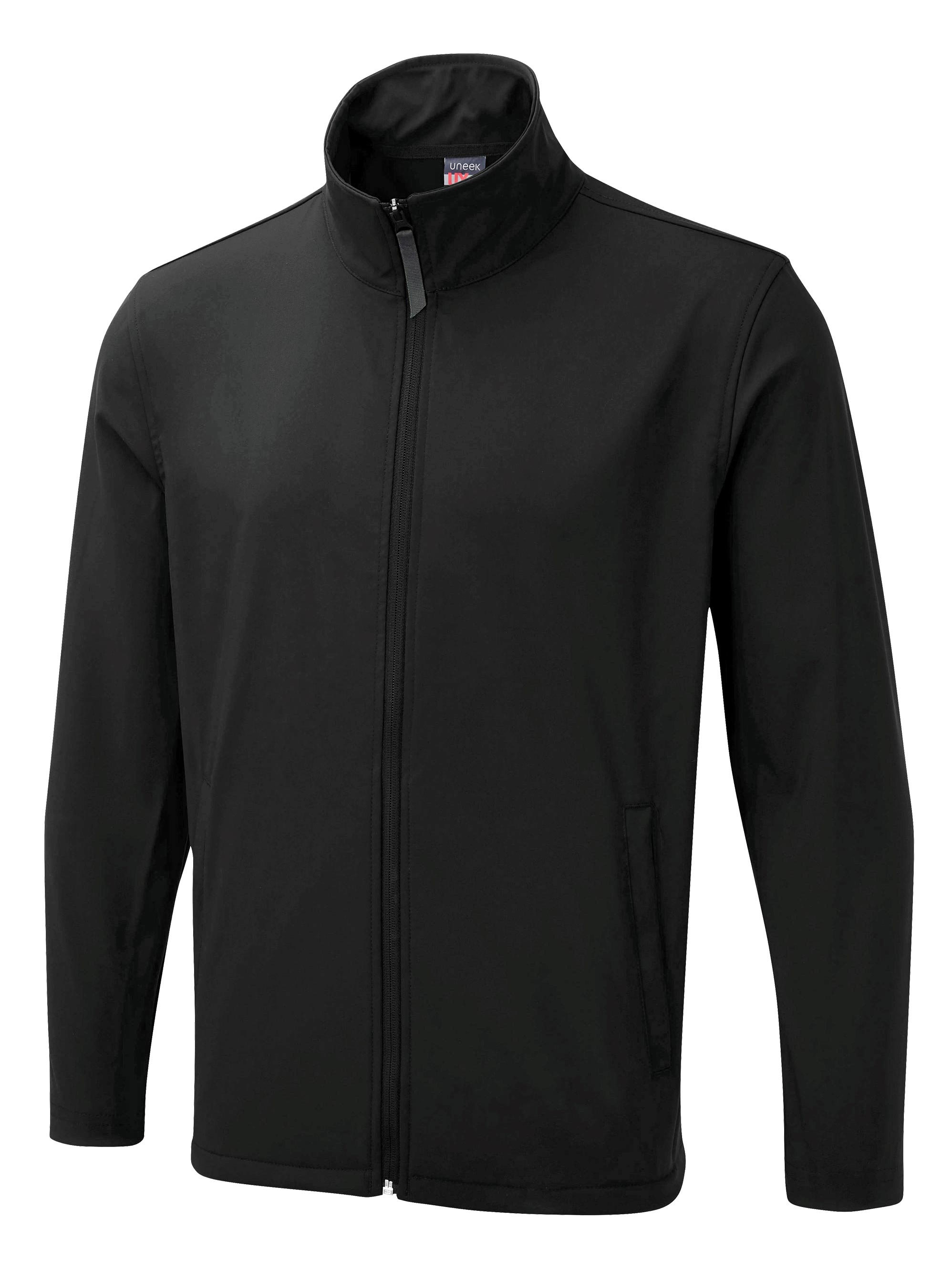 Black full-zip softshell jacket with mock neck collar, straight hem, and side slit pockets in a standard fit.