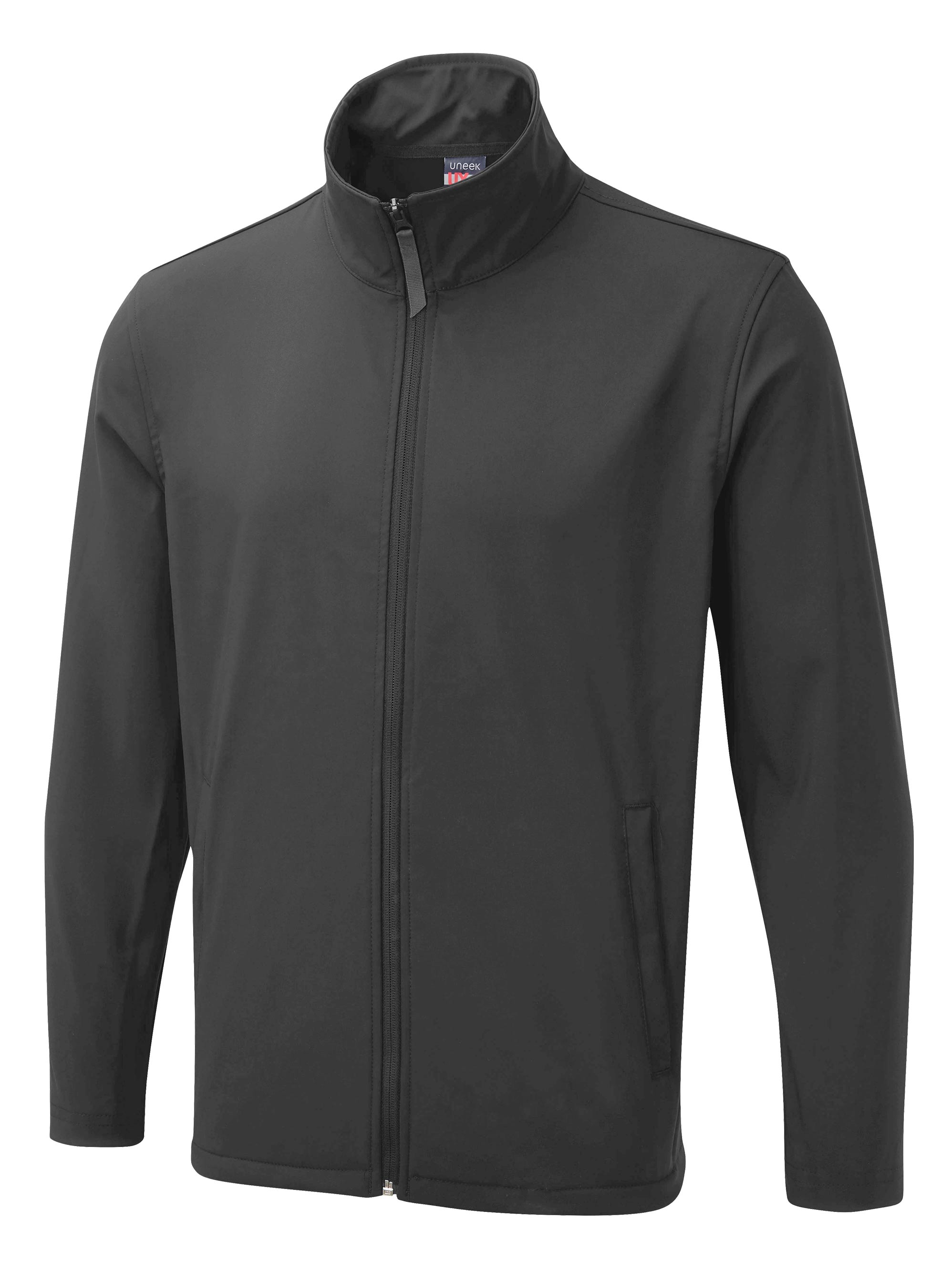 Black softshell jacket with a stand-up collar, full-length front zip, and a regular, straight fit.