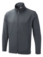 Charcoal gray softshell jacket with a mock neck, full-zip front, and side pockets in a regular, tailored fit.