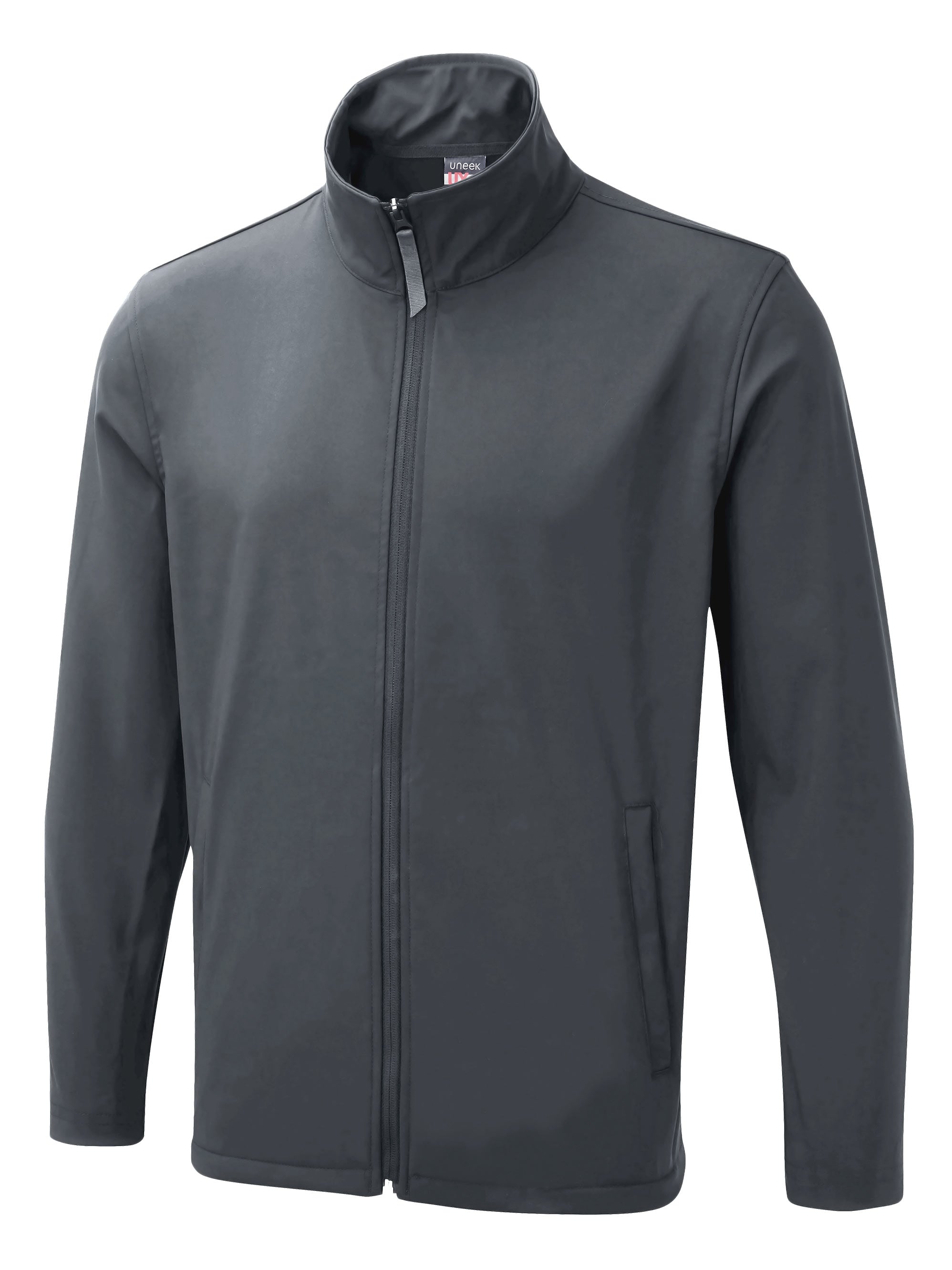 Charcoal gray softshell jacket with a mock neck, full-zip front, and side pockets in a regular, tailored fit.