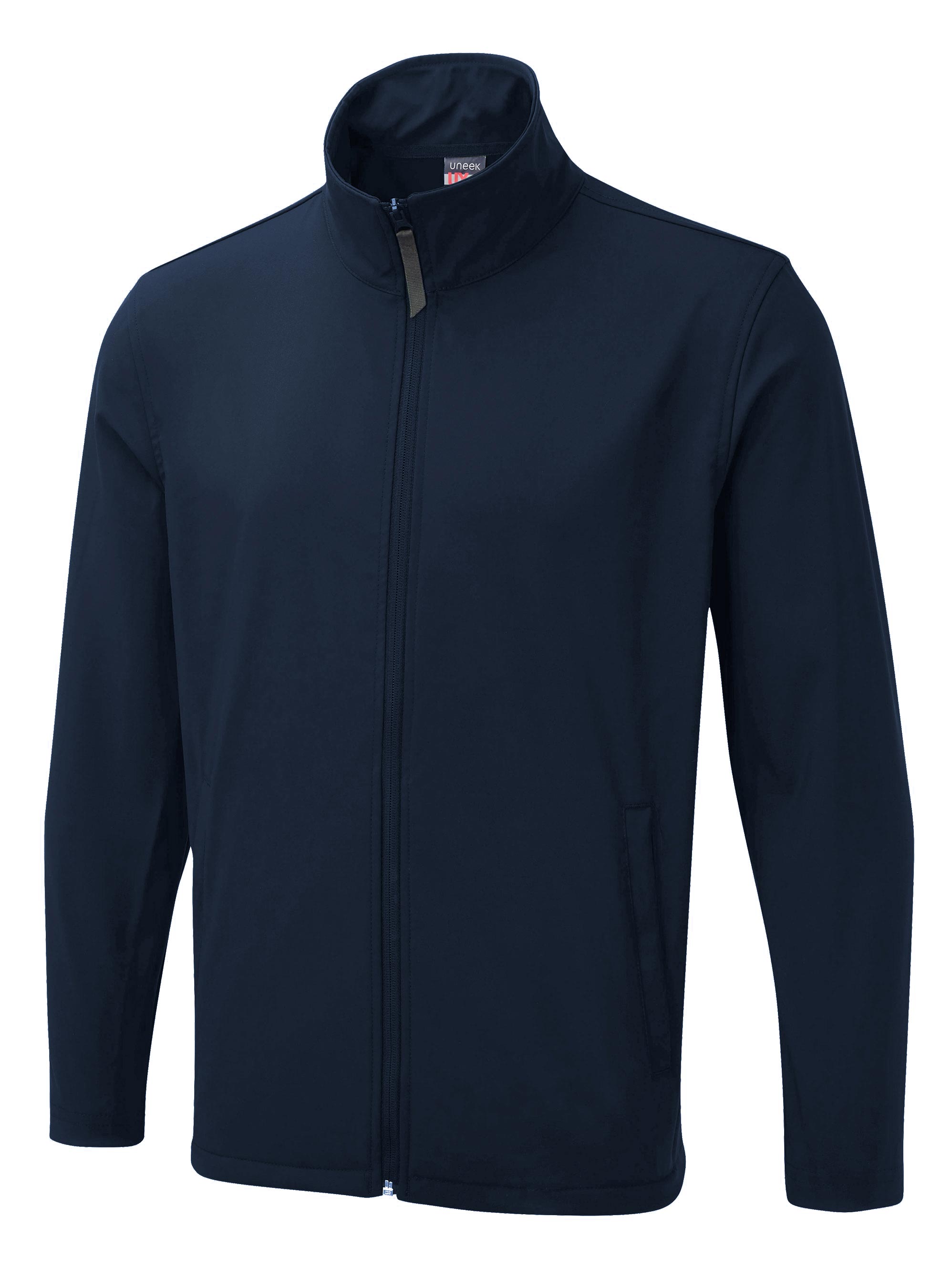 Navy blue full-zip softshell jacket with a stand collar, long sleeves, and side pockets. Regular fit.
