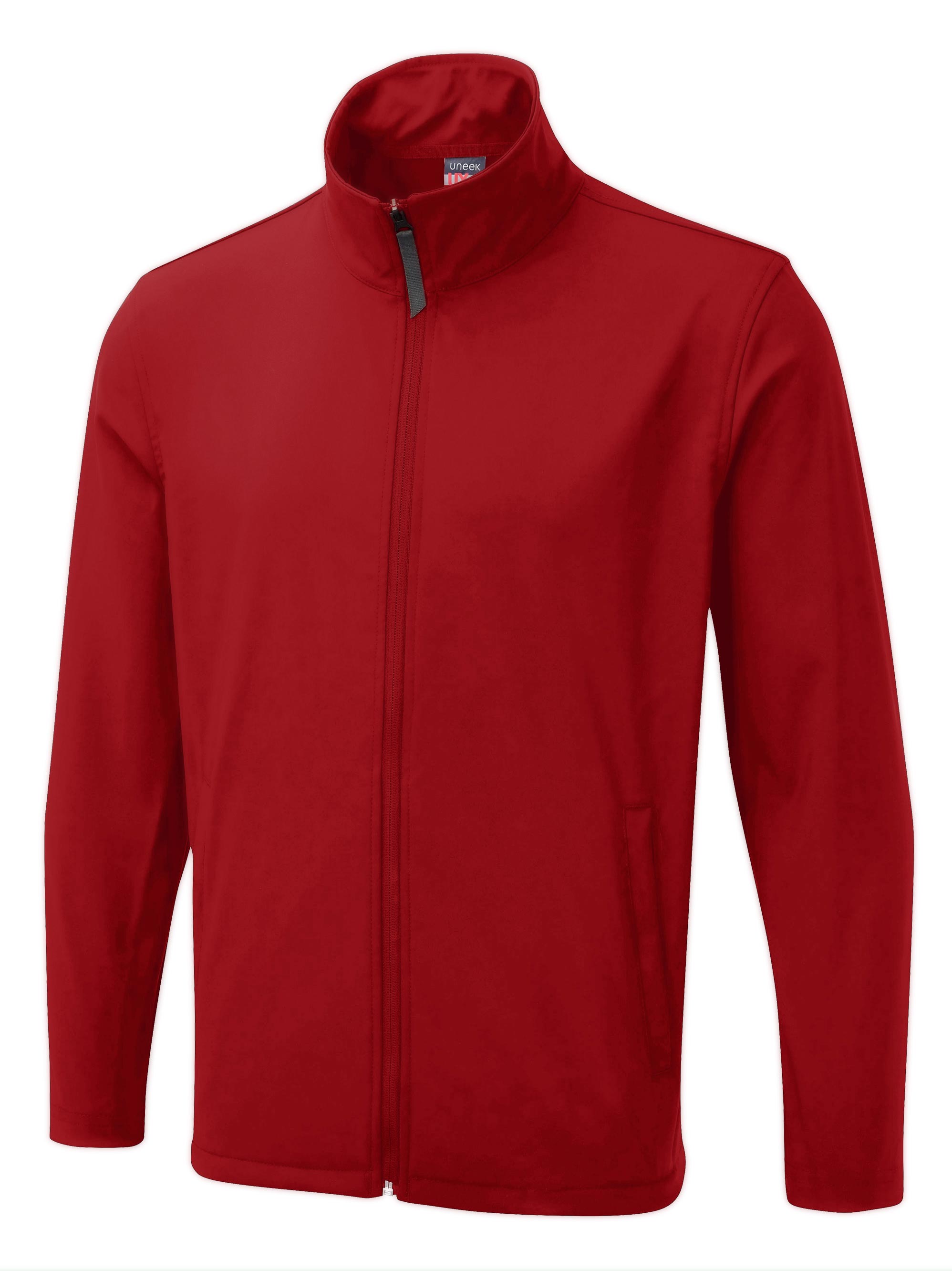Red softshell jacket, mock neck, full front zip, long sleeves, and a regular fit.